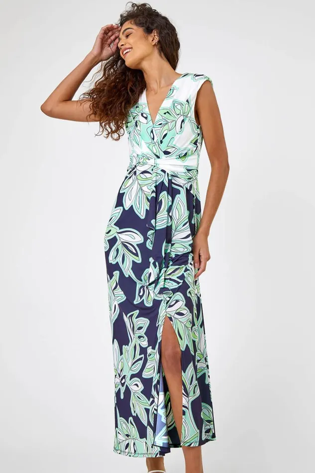 Navy Contrast Leaf Print Ruched Wrap Dress Women Roman Dresses