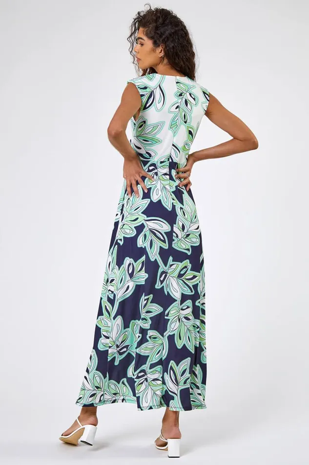Navy Contrast Leaf Print Ruched Wrap Dress Women Roman Dresses