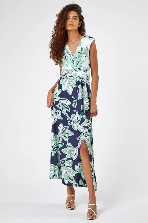 Navy Contrast Leaf Print Ruched Wrap Dress Women Roman Dresses