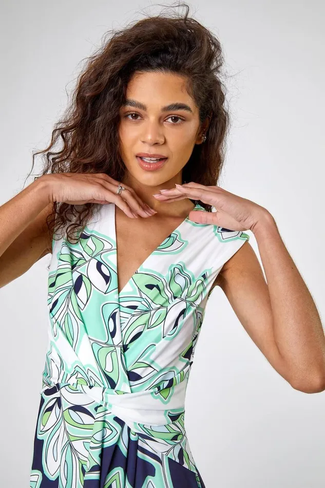 Navy Contrast Leaf Print Ruched Wrap Dress Women Roman Dresses