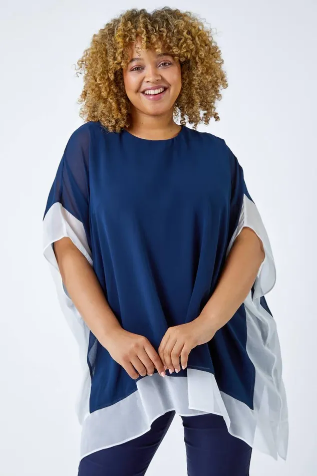 Navy Curve Chiffon Overlay Top Women Roman Tops