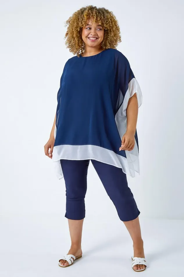 Navy Curve Chiffon Overlay Top Women Roman Tops