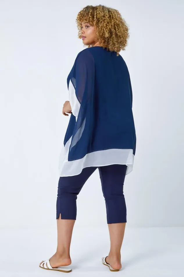 Navy Curve Chiffon Overlay Top Women Roman Tops