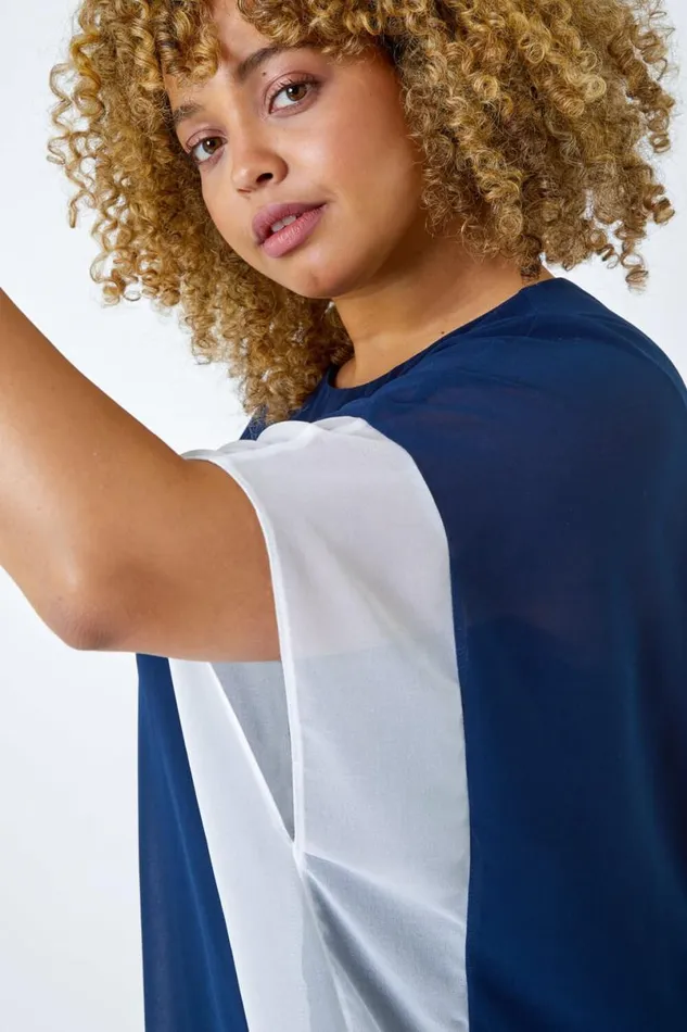 Navy Curve Chiffon Overlay Top Women Roman Tops