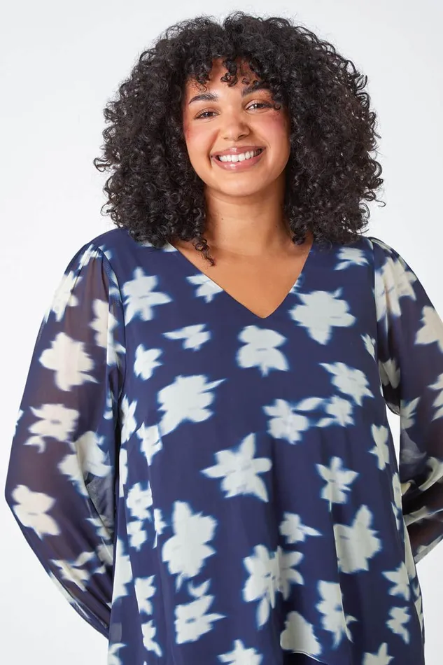 Navy Curve Floral Chiffon Overlay Tunic Top Women Roman Tops