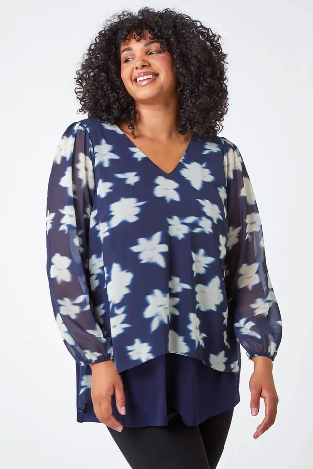 Navy Curve Floral Chiffon Overlay Tunic Top Women Roman Tops