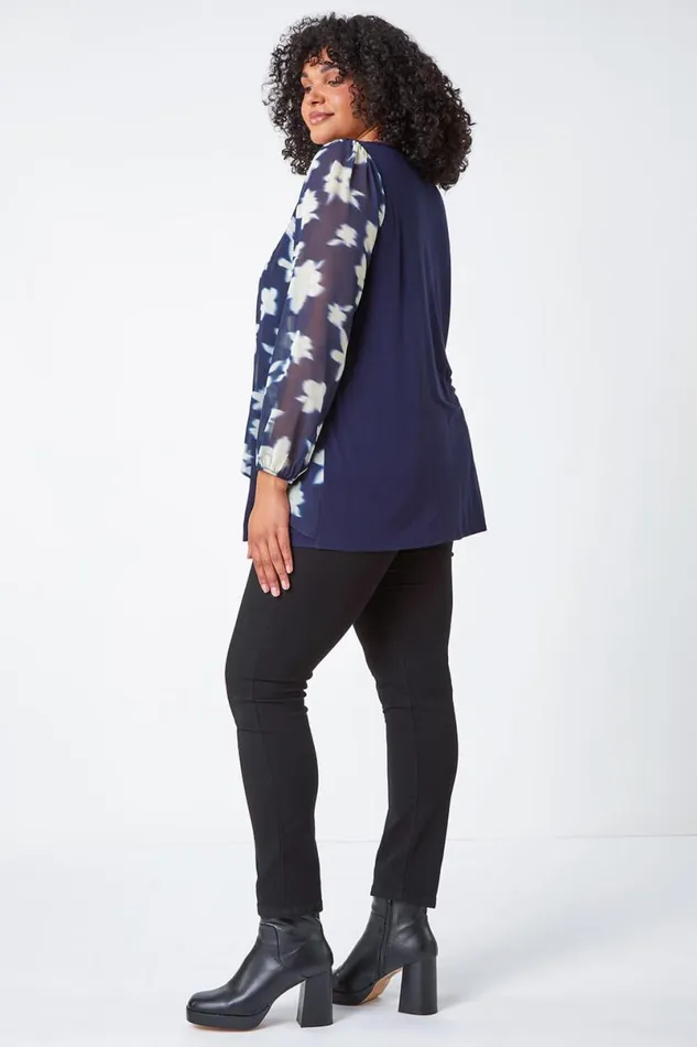 Navy Curve Floral Chiffon Overlay Tunic Top Women Roman Tops