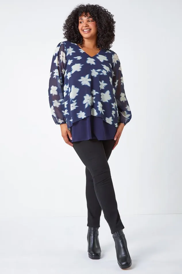 Navy Curve Floral Chiffon Overlay Tunic Top Women Roman Tops