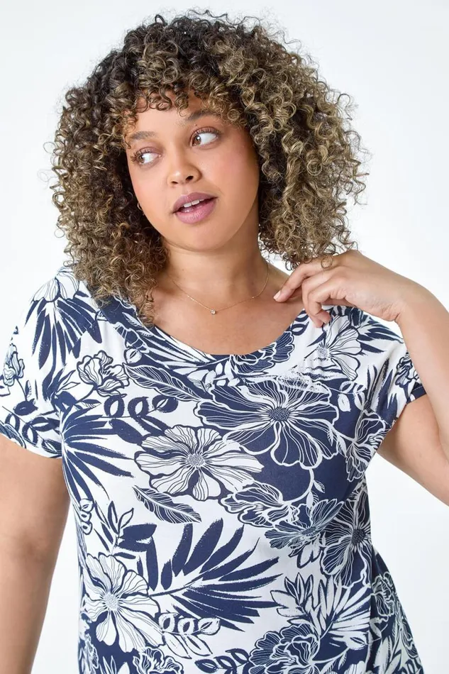 Navy Curve Floral Print Stretch Tunic Top Women Roman Tops