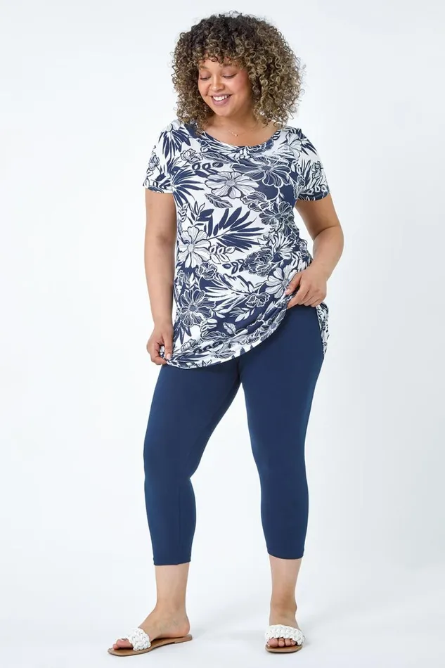 Navy Curve Floral Print Stretch Tunic Top Women Roman Tops