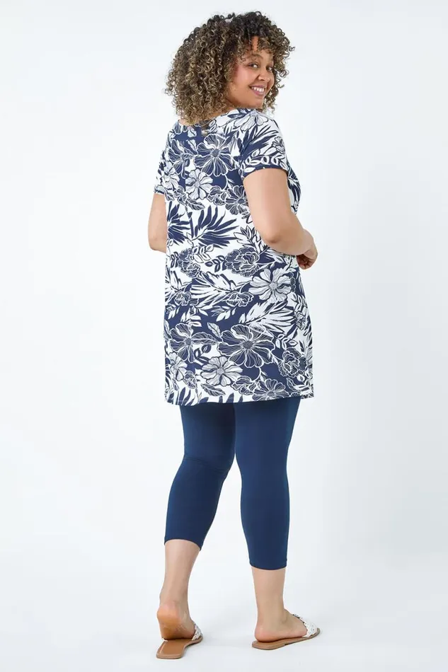 Navy Curve Floral Print Stretch Tunic Top Women Roman Tops