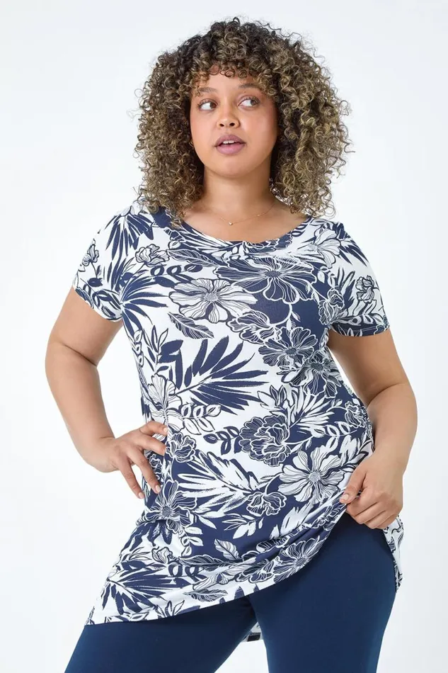 Navy Curve Floral Print Stretch Tunic Top Women Roman Tops
