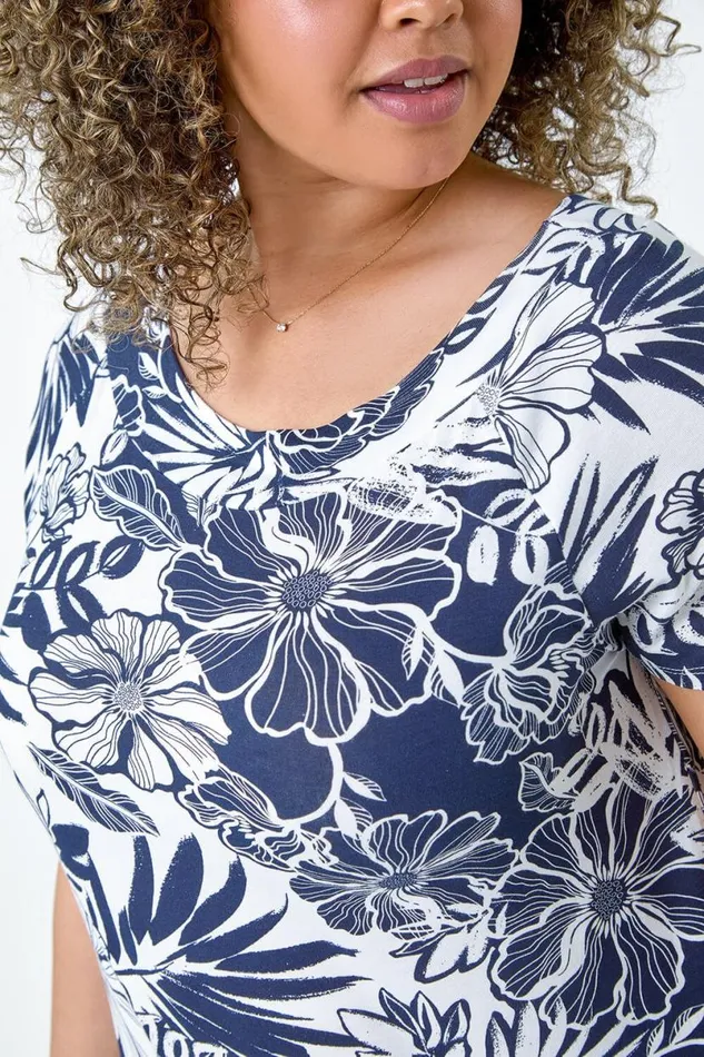 Navy Curve Floral Print Stretch Tunic Top Women Roman Tops