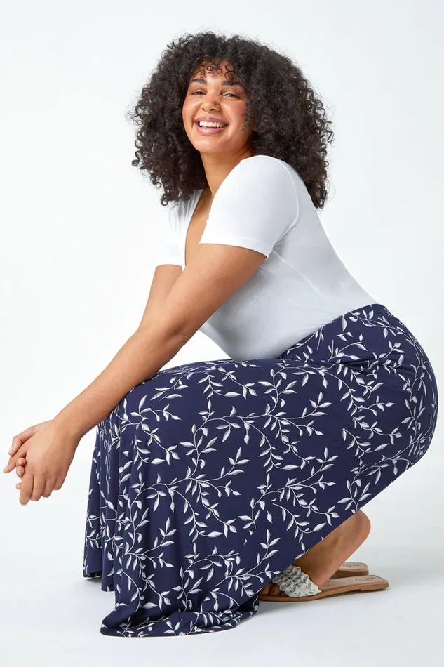 Navy Curve Floral Stretch Elastic Waist Maxi Skirt Women Roman Skirts