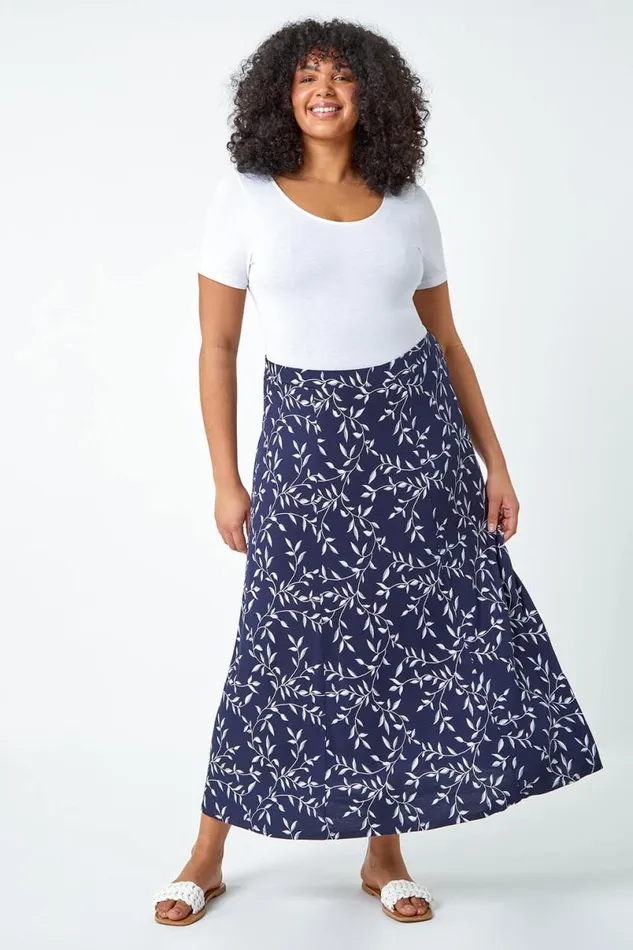 Navy Curve Floral Stretch Elastic Waist Maxi Skirt Women Roman Skirts