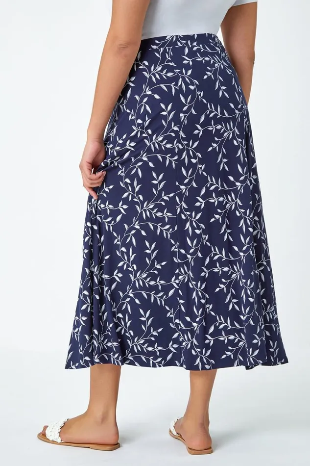Navy Curve Floral Stretch Elastic Waist Maxi Skirt Women Roman Skirts