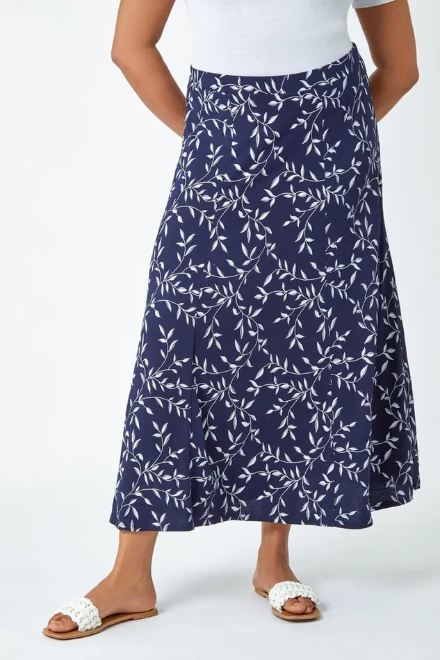 Navy Curve Floral Stretch Elastic Waist Maxi Skirt Women Roman Skirts