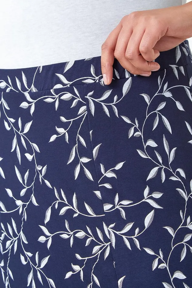 Navy Curve Floral Stretch Elastic Waist Maxi Skirt Women Roman Skirts