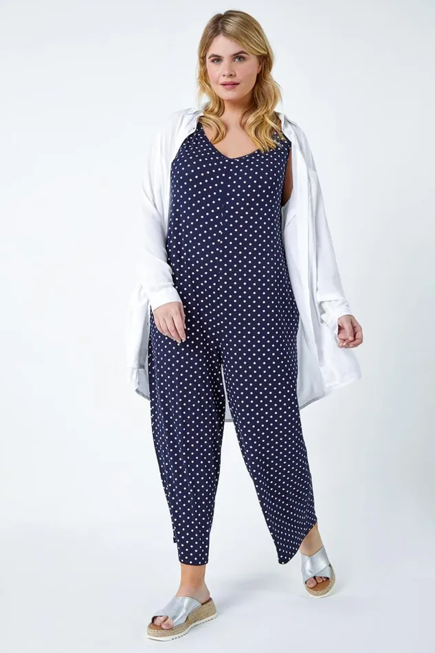 Navy Curve Polka Dot Stretch Jersey Jumpsuit Women Roman Dresses