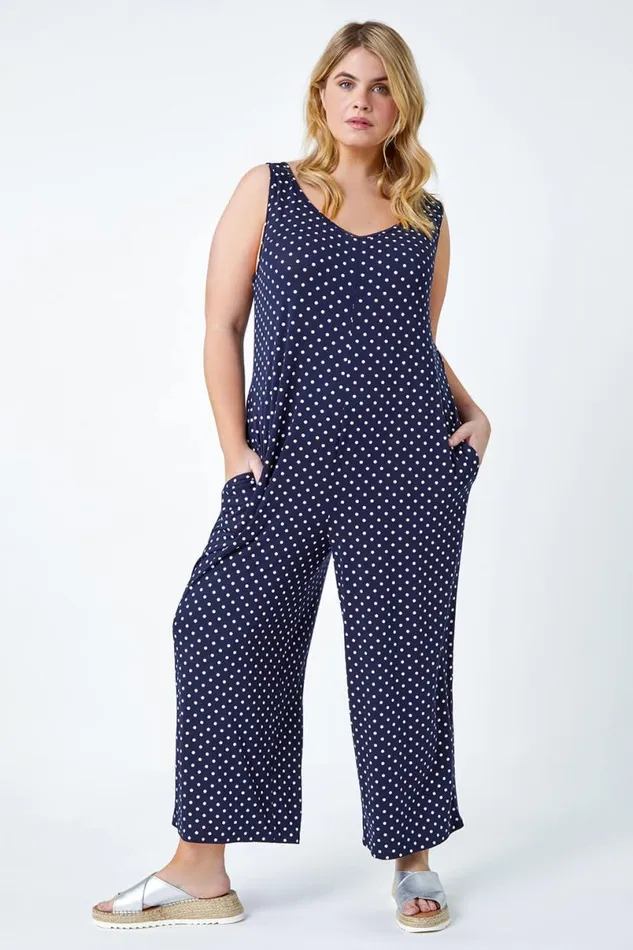 Navy Curve Polka Dot Stretch Jersey Jumpsuit Women Roman Dresses
