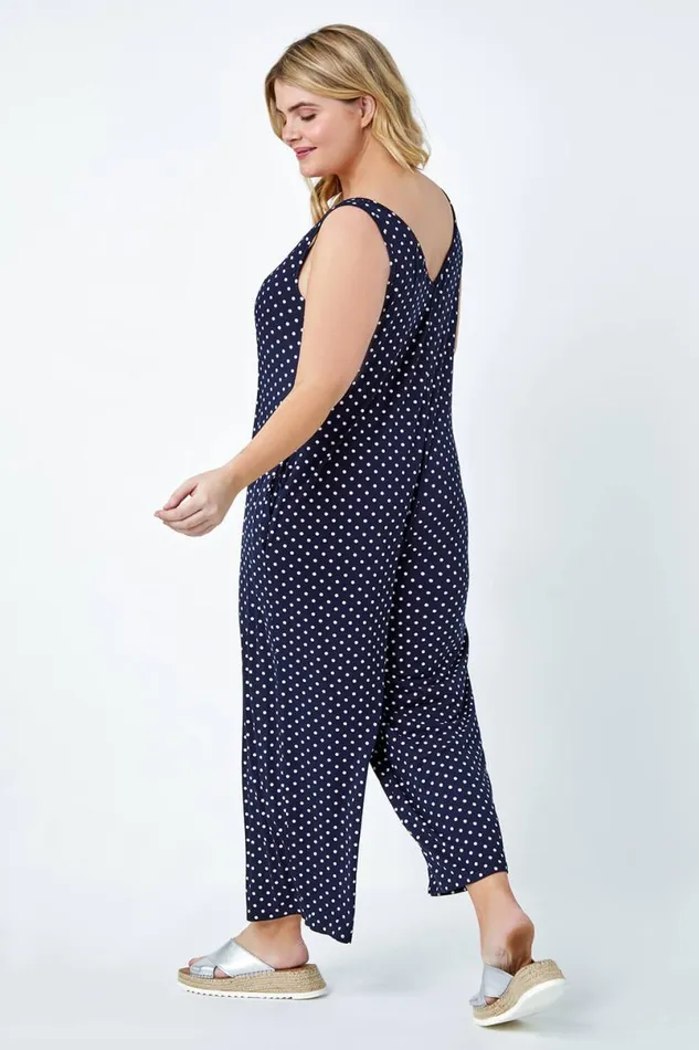 Navy Curve Polka Dot Stretch Jersey Jumpsuit Women Roman Dresses