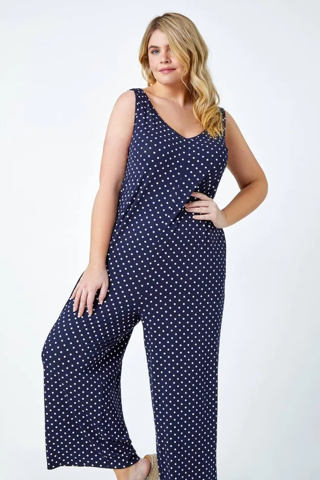 Navy Curve Polka Dot Stretch Jersey Jumpsuit Women Roman Dresses