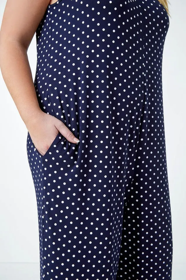 Navy Curve Polka Dot Stretch Jersey Jumpsuit Women Roman Dresses