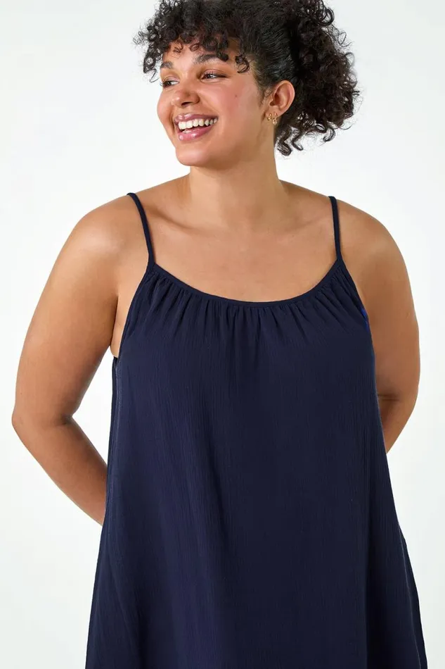 Navy Curve Strappy Cotton Pocket Dress Women Roman Dresses