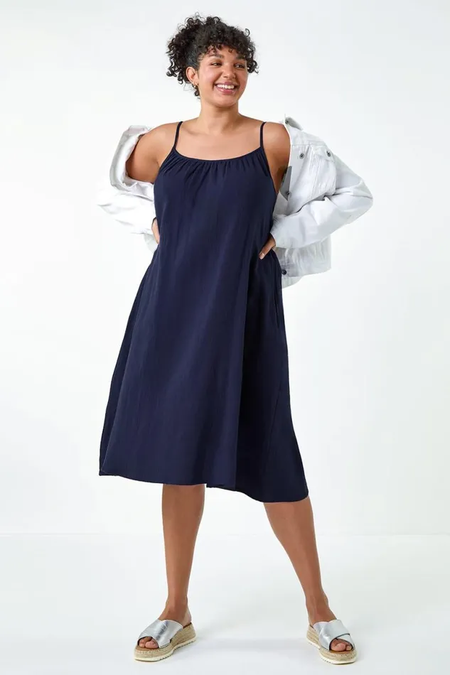 Navy Curve Strappy Cotton Pocket Dress Women Roman Dresses