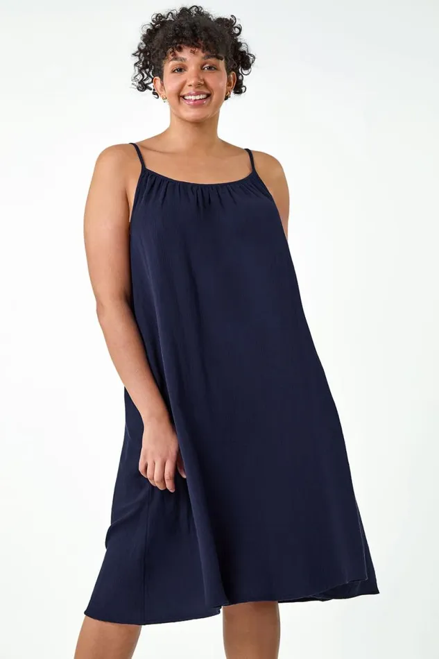 Navy Curve Strappy Cotton Pocket Dress Women Roman Dresses