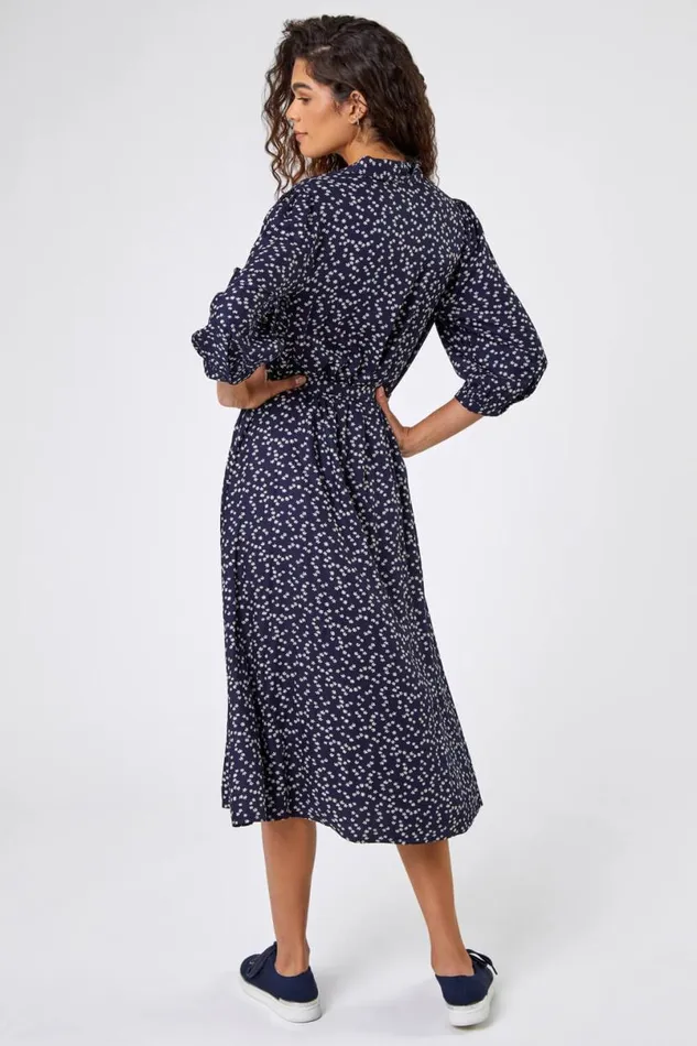 Navy Ditsy Floral Midi Shirt Dress Women Roman Dresses