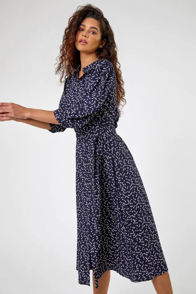 Navy Ditsy Floral Midi Shirt Dress Women Roman Dresses