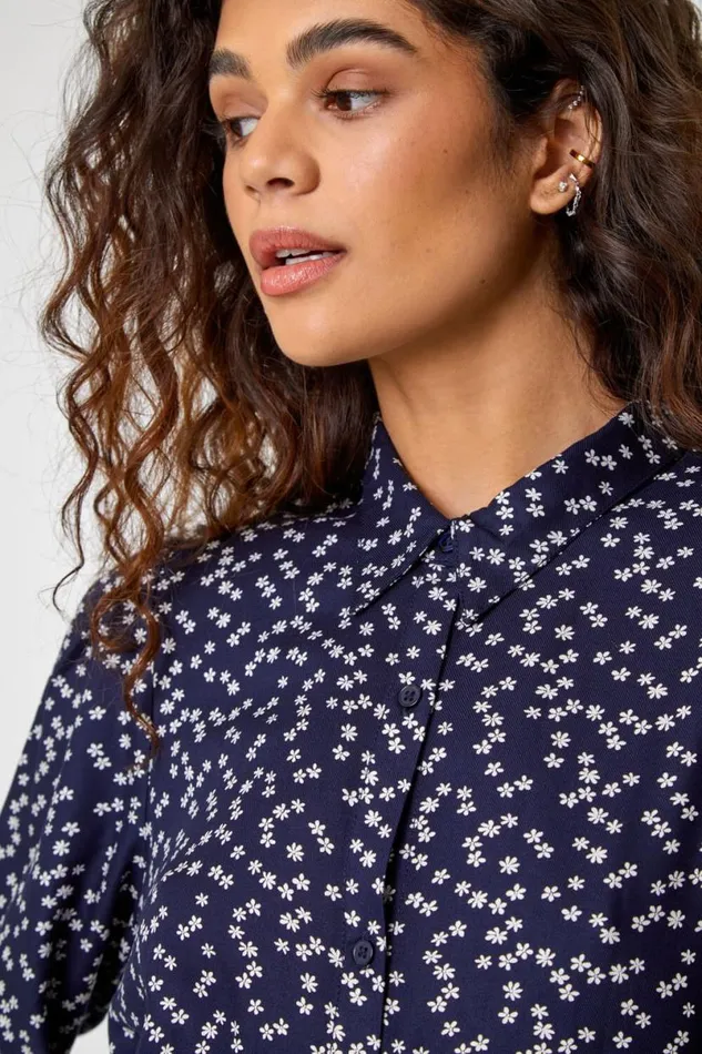 Navy Ditsy Floral Midi Shirt Dress Women Roman Dresses