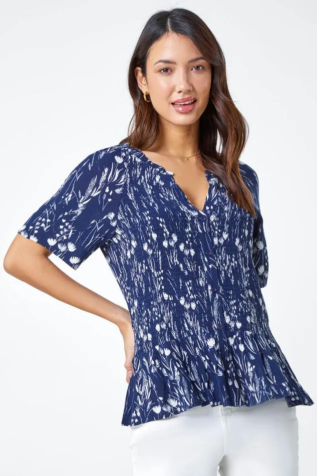 Navy Ditsy Print Crinkle Button Blouse Women Roman Tops