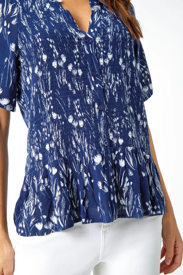Navy Ditsy Print Crinkle Button Blouse Women Roman Tops