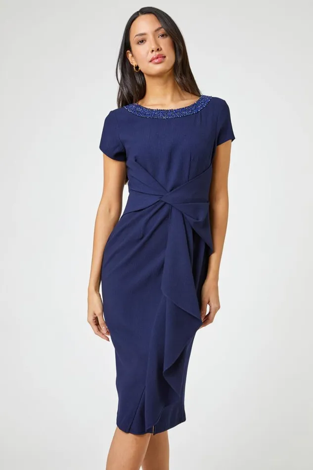 Navy Embellished Stretch Twist Waist Ruched Dress Women Roman Dresses