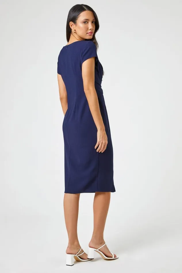 Navy Embellished Stretch Twist Waist Ruched Dress Women Roman Dresses