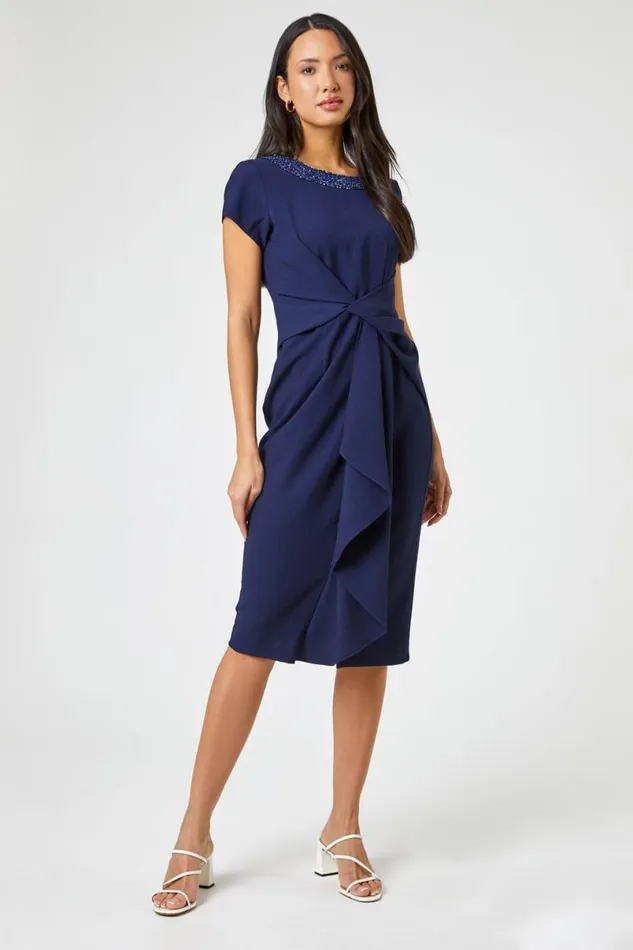 Navy Embellished Stretch Twist Waist Ruched Dress Women Roman Dresses