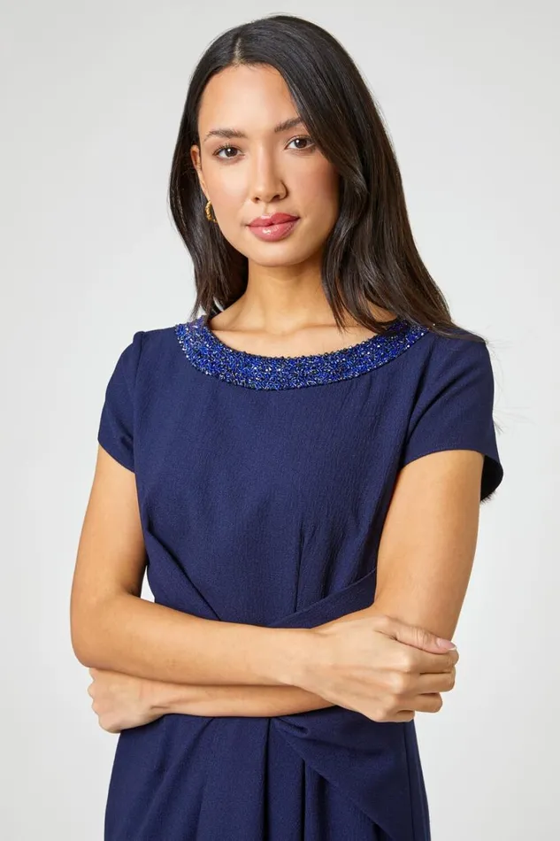 Navy Embellished Stretch Twist Waist Ruched Dress Women Roman Dresses