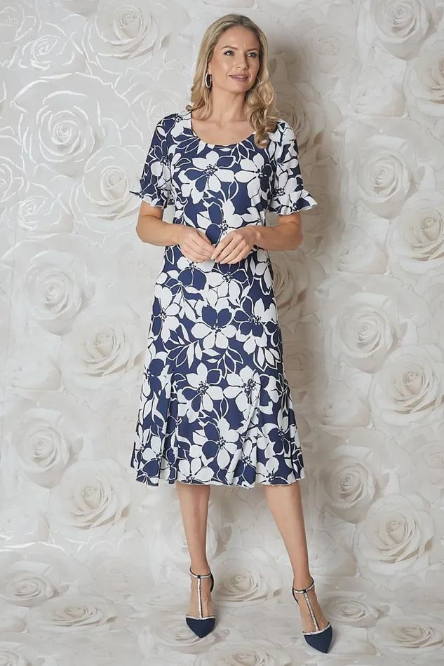 Navy Floral Print Bias Cut Chiffon Midi Dress Women Roman Occasionwear