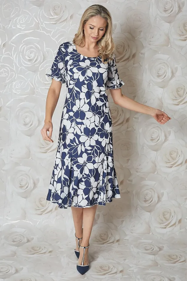 Navy Floral Print Bias Cut Chiffon Midi Dress Women Roman Occasionwear