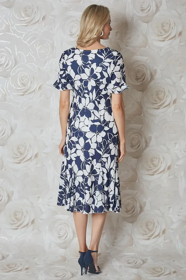 Navy Floral Print Bias Cut Chiffon Midi Dress Women Roman Occasionwear