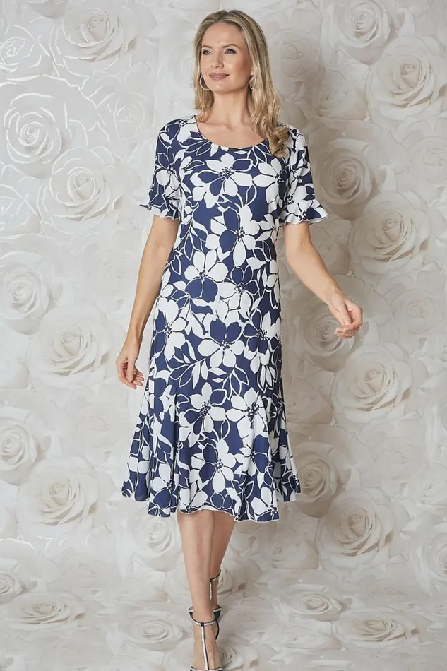 Navy Floral Print Bias Cut Chiffon Midi Dress Women Roman Occasionwear