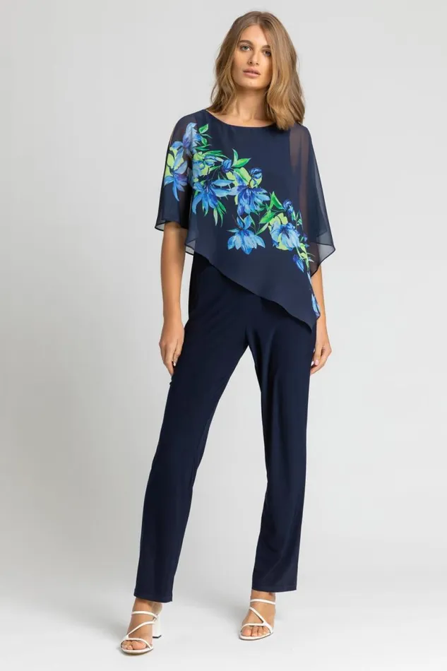 Navy Floral Print Chiffon Cape Jumpsuit Women Roman Dresses