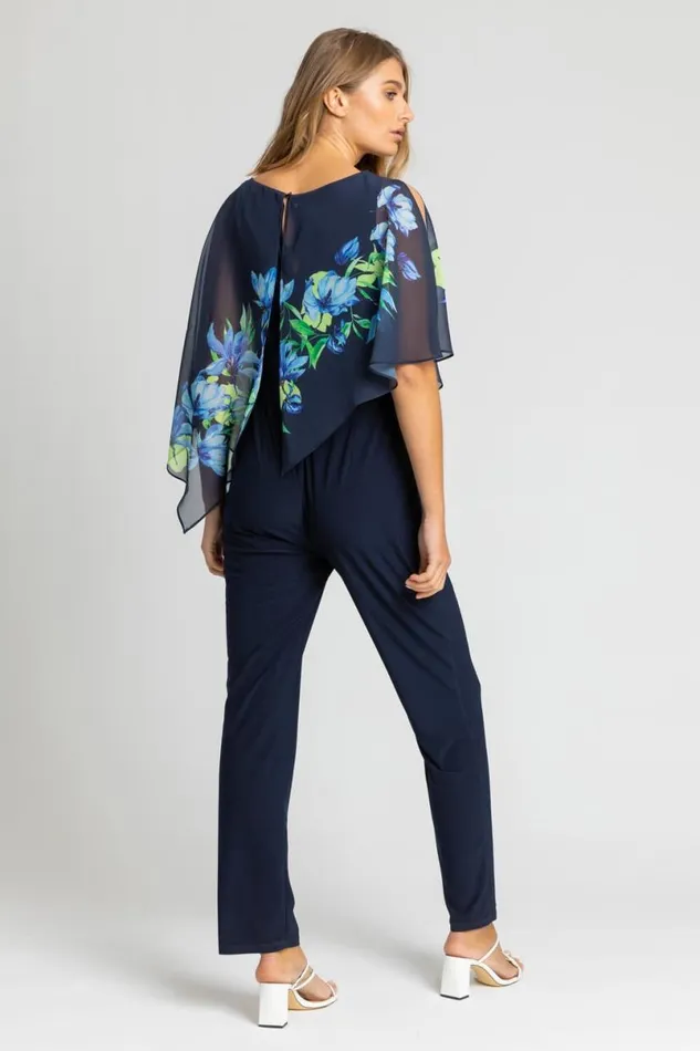 Navy Floral Print Chiffon Cape Jumpsuit Women Roman Dresses