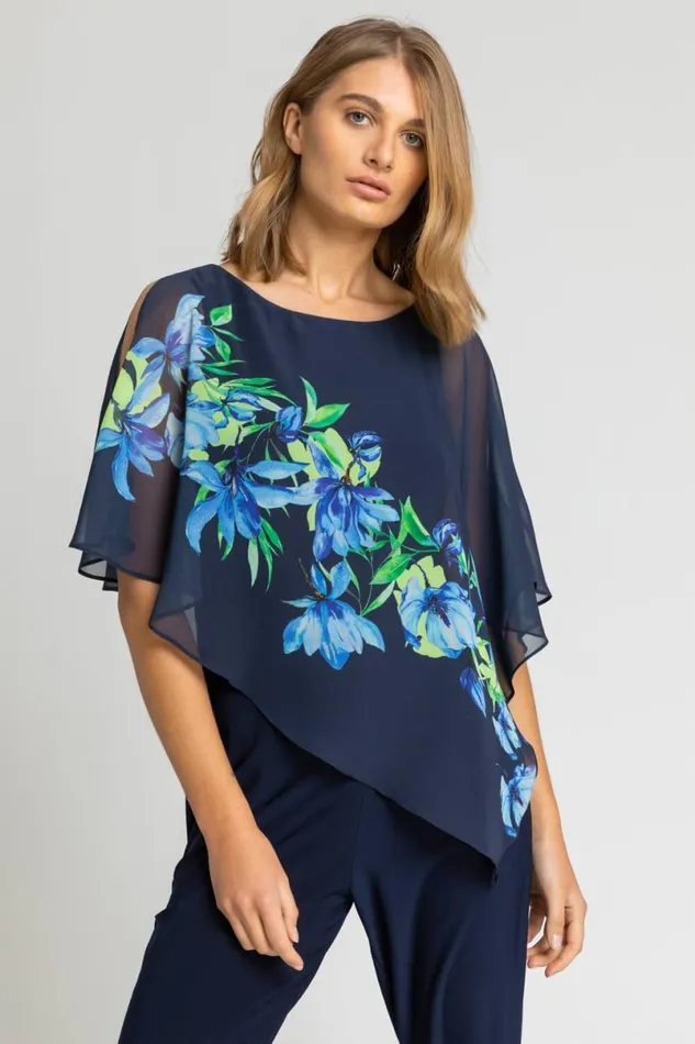 Navy Floral Print Chiffon Cape Jumpsuit Women Roman Dresses