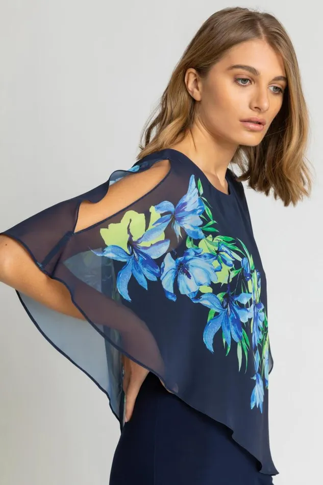 Navy Floral Print Chiffon Cape Jumpsuit Women Roman Dresses