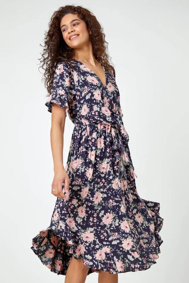 Navy Floral Print Frill Front Midi Dress Women Roman Dresses