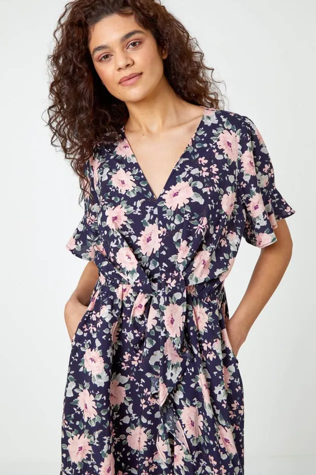 Navy Floral Print Frill Front Midi Dress Women Roman Dresses