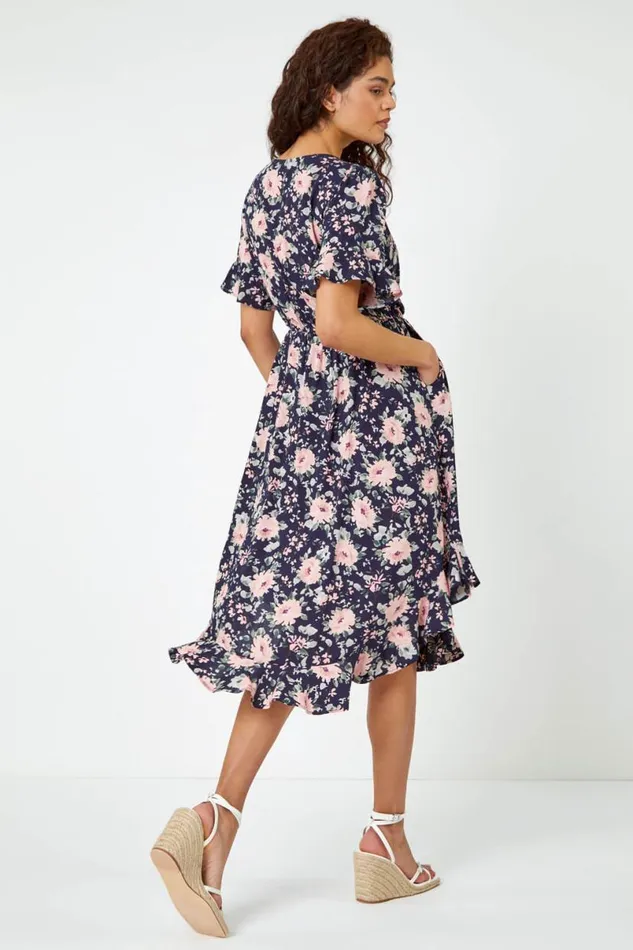 Navy Floral Print Frill Front Midi Dress Women Roman Dresses